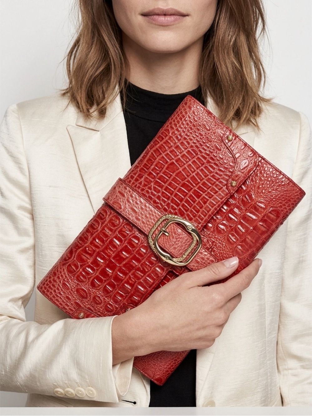 Jessica Simpson Cherry Croc-Embossed Faux Leather Clutch with Gold Buckle NWT